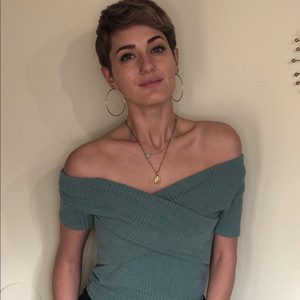 SOLD-  SHEIN Off-Shoulder Wrap Shirt- teal